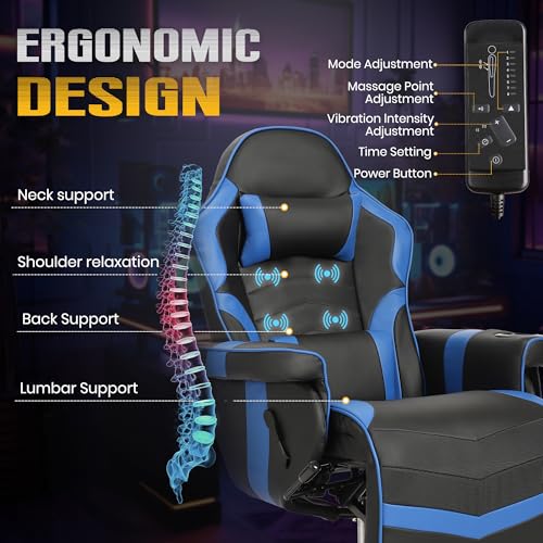 Massage Gaming Recliner Chair with Cup Holder & Side Pockets – Ergonomic PU Leather Video Gaming Chair with Footrest, Manual Recline