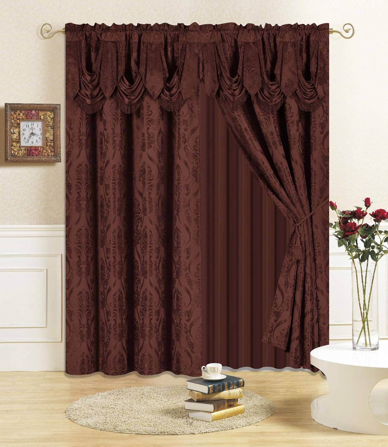 All American Collection New 4 Piece Drape Set with Attached Valance and Sheer with 2 Tie Backs Included (63" Length, Orange)