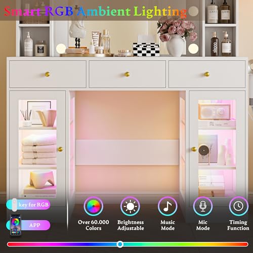 Makeup Vanity Desk with Mirror and Lights, White Vanity with Glass Top, LED Lights & Power Outlet, 3 Drawers & 2 RGB Glass Cabinets