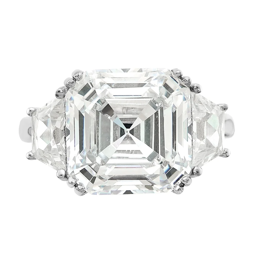 Cheryl M Sterling Silver Rhodium-plated Asscher-cut and Brilliant-cut CZ 3 Stone Ring Q-QCM1566-6
