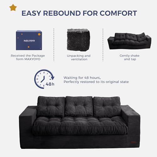 MAXYOYO 3 Seater Couch for Living Room, Boneless Couch with Tufted Cushion & Backrest, Upholstered Floor Sofa with Armrests, Sofa in A Box