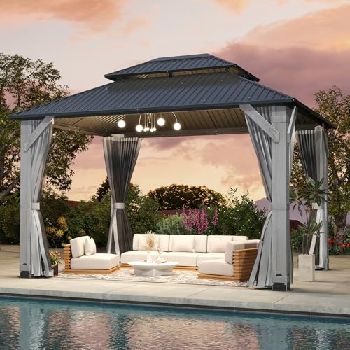 12'x12' Hardtop Gazebo, Outdoor Double Roof Galvanized Steel Gazebos, Aluminum Frame Permanent Pavilion with Curtains & Netting for Backyard, Patio