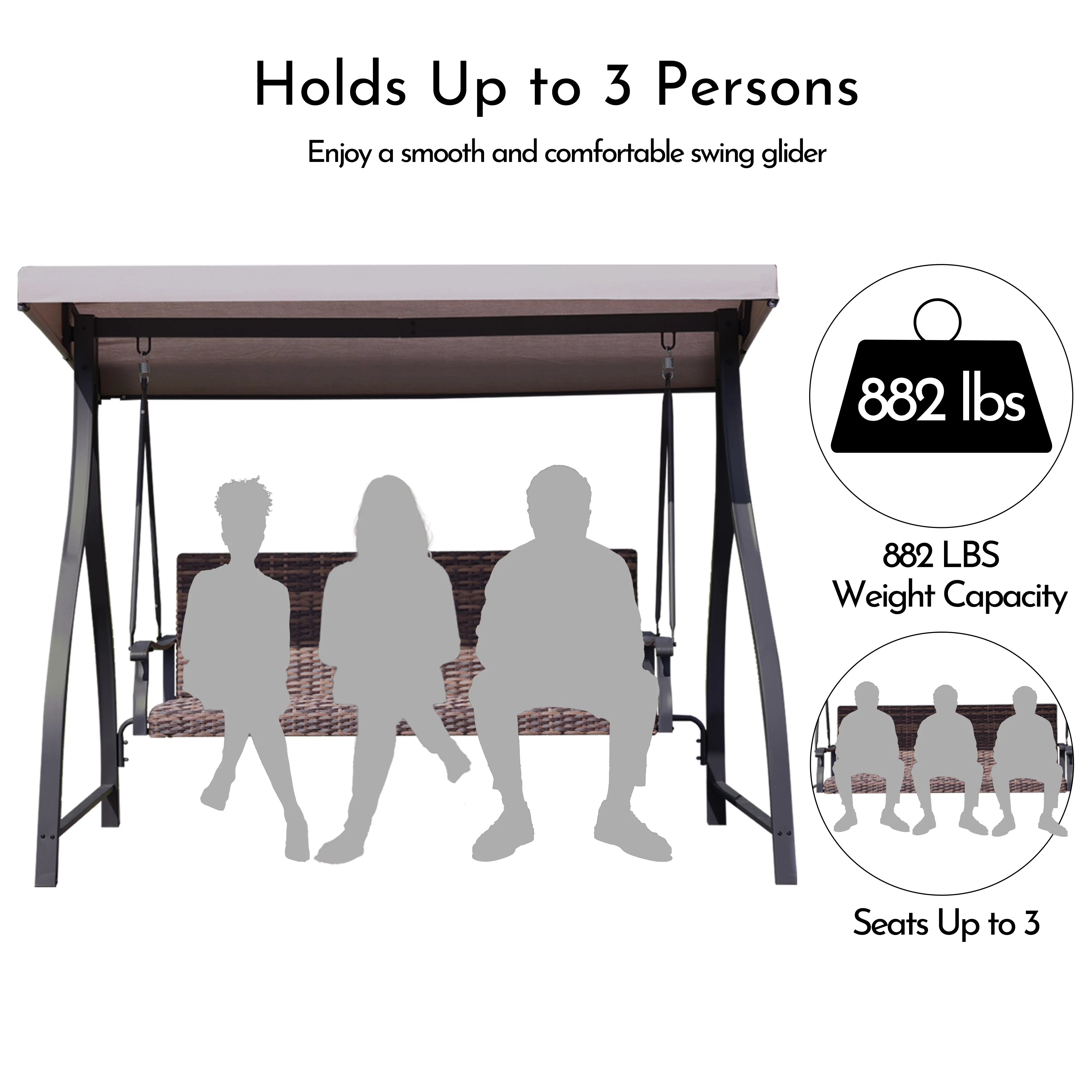 Aoodor-3-Seat Outdoor Rattan Patio Swing with Adjustable Brown Canopy, Built-in Quick-drying Foam Seat, Rattan Wicker, Rust-resistant Iron Frame
