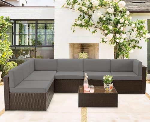 U-MAX 7 Piece Outdoor Patio Furniture Set, PE Rattan Outdoor Wicker Sectional Furniture Chair Set with Cushions and Tea Table