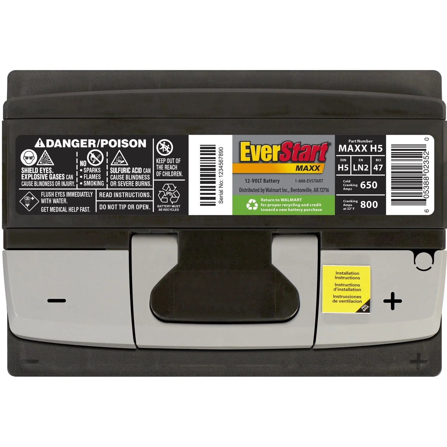 EverStart Maxx Lead Acid Automotive Battery, Group Size H5 / LN2 / 47 12 Volt, 650 CCA
