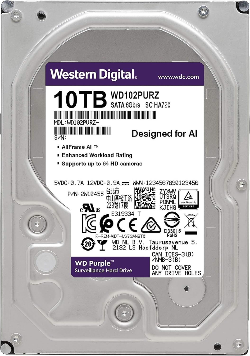 Western Digital 10TB WD Purple Surveillance Internal Hard Drive HDD - 7200 RPM, SATA 6 Gb/s, 256 MB Cache, 3.5" - WD102PURZ