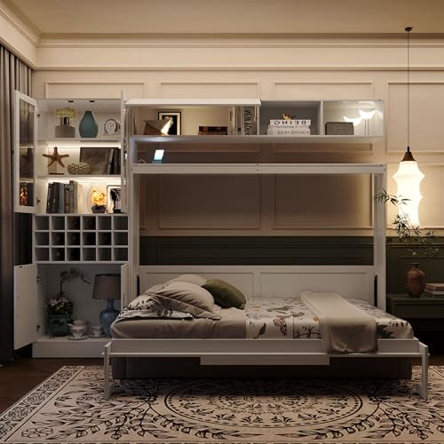 MERITLINE Queen Murphy Bed with Couch and Storage Shelves,Charging Station& LED Light