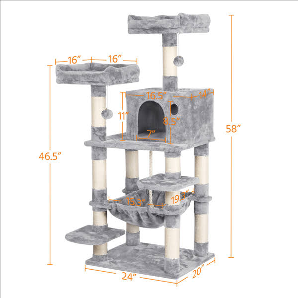 Yaheetech 58-in Cat Tree u0026 Condo Scratching Post Tower, Gray, Size: 24 x 19 x 59 (Large x W x H)