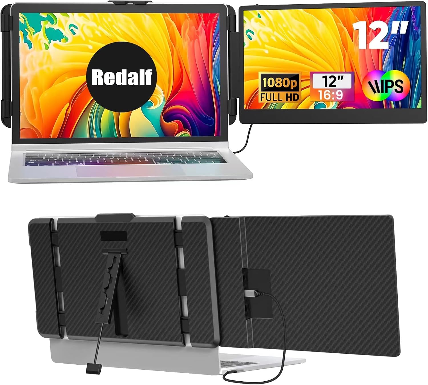 Portable Monitor, Laptop Screen Extender, 12" 1080P FHD IPS Plug & Play 180 ° Foldable for Easy Portability