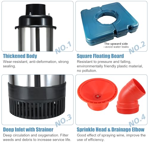 Pond Fountain Aerator, F2-2 1HP 750W 110V Stainless Steel Floating Fountain With 100 Feet Power Cord