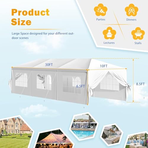 Flamaker 10'x30' Heavy Duty Party Tent Gazebo – Waterproof Wedding Canopy with Removable Sidewalls & 2 Doors – Perfect for Outdoor Events