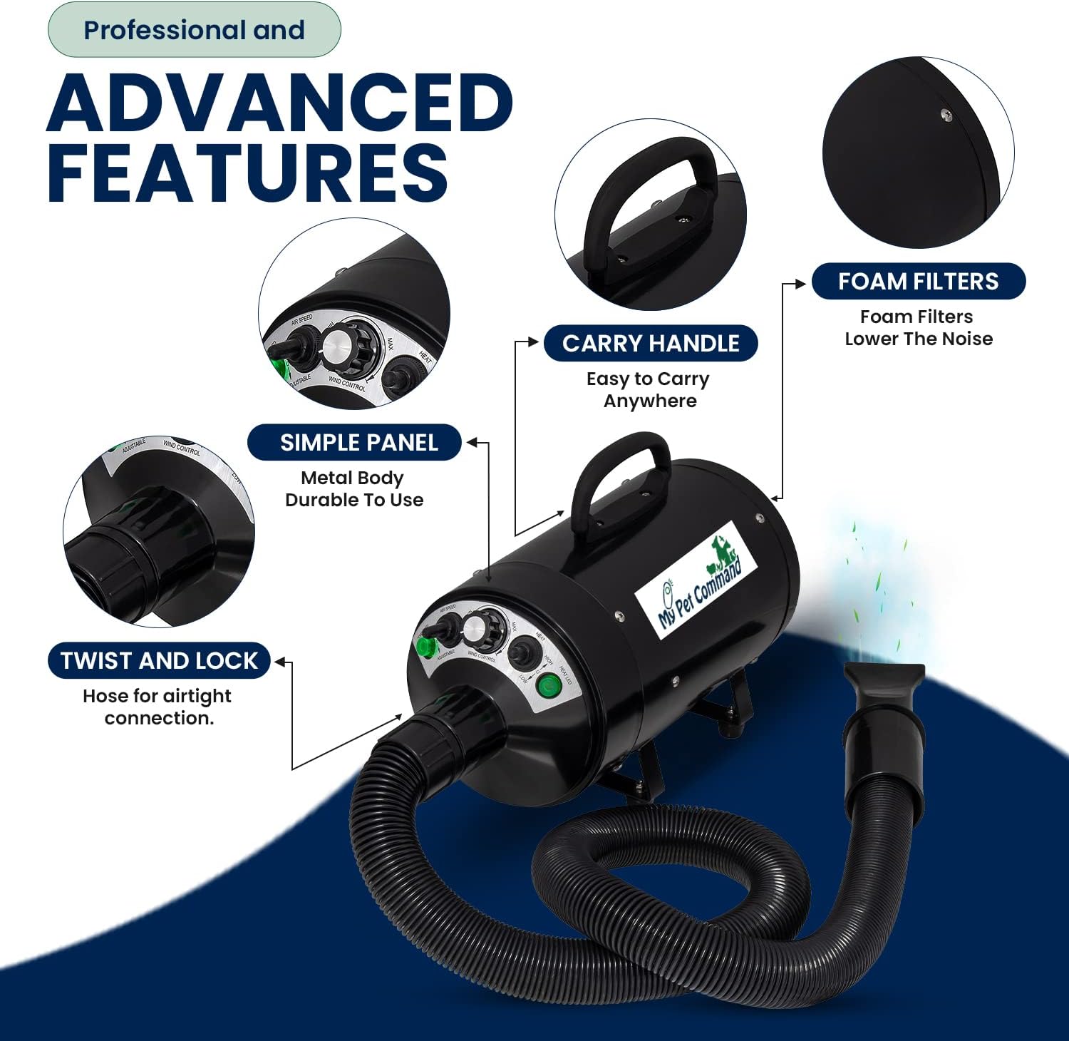 My Pet Command Dog Dryer Blower, Ultra Quiet, Professional High Velocity Blower Adjustable Hot and Cold Airflow