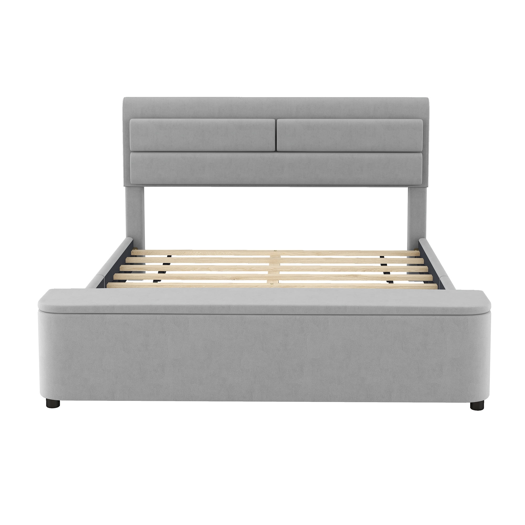 Dawn Whisper Queen Size Upholstery Platform Bed with Storage Headboard and Footboard, Support Legs, Grey