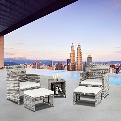 5 Pieces Wicker Patio Furniture Set, Patio Chairs with Ottomans & Table, Rattan Outdoor Patio Furniture Conversation Sets for Balcony, Porch