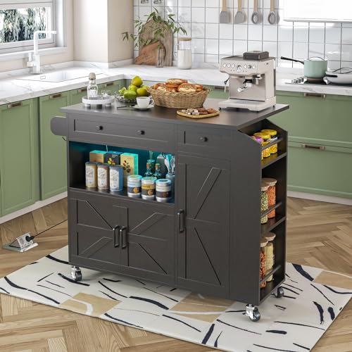 Kitchen Island with Drop Leaf, Rolling kitchen island with power outlet and Led Light, Kitchen Island with Storage Cabinet, Spice Rack, Drawer