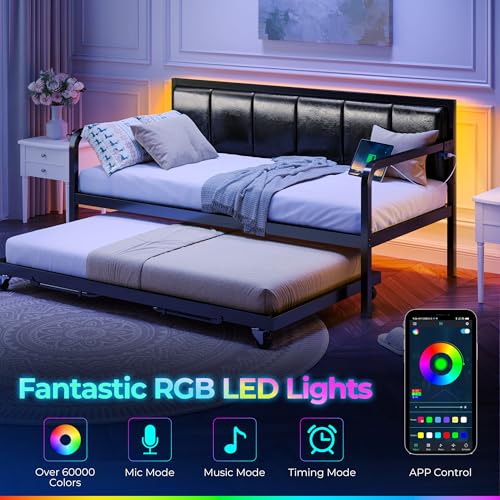 Rolanstar Daybed with Charging Station and LED Lights, Height Adjustable Twin Daybed with Trundle