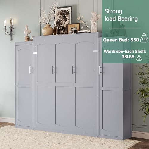Polib Full Size Murphy Bed with Two Wardrobes and Storage Shelf, Space-Saving Wall Cabinet Bed with Foldable Platform Bedframe for Small Bedrooms