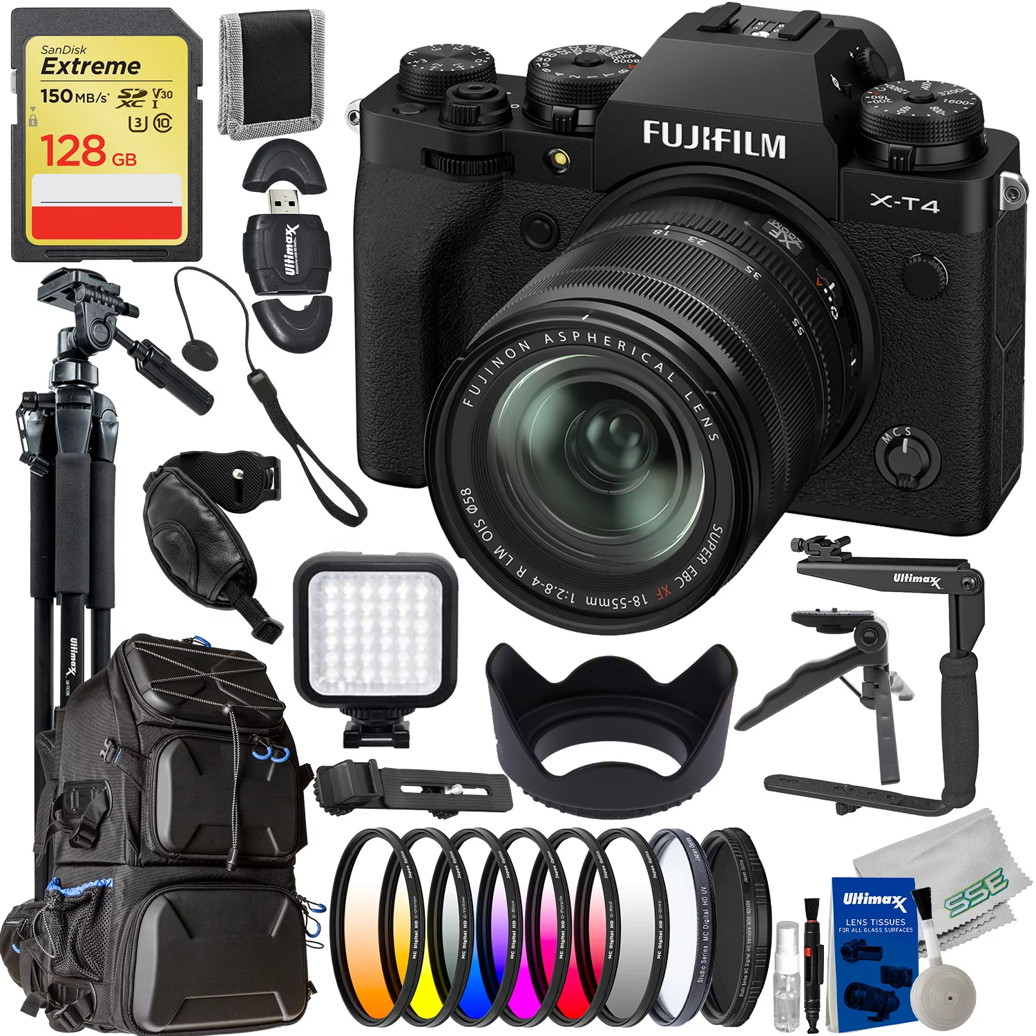 FUJIFILM X-T4 Mirrorless Camera with 18-55mm Lens (Black) with Deluxe Accessory Bundle: SanDisk 128GB Extreme SDXC, 180° Flash Bracket