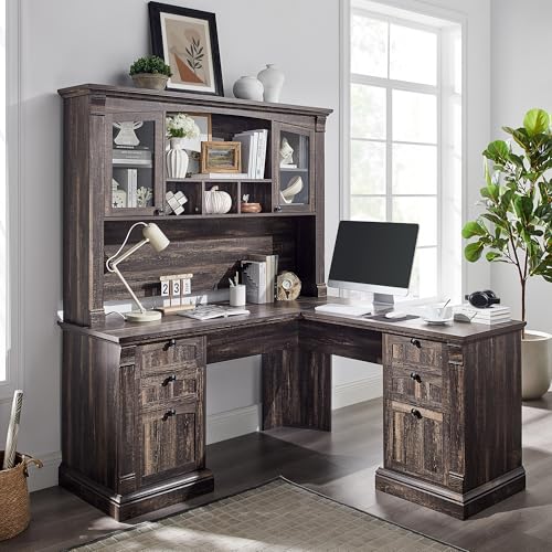 OKD 60" Executive Desk with Drawers, Farmhouse Home Office Desk with Charging Station, Keyboard Tray, File Cabinet Storage