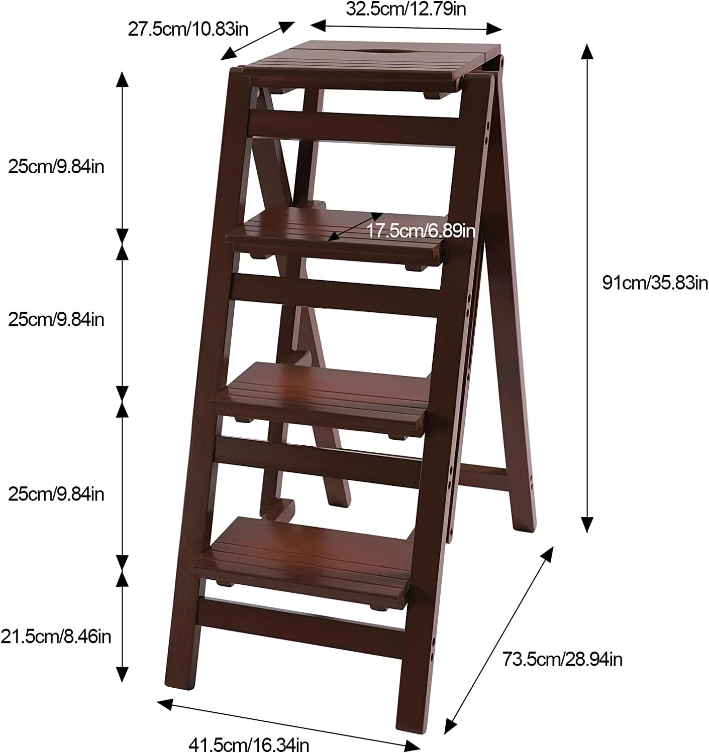 Miumaeov Wooden Step Stool 220lbs Load-bearing Non-slip Folding Ladder 4-Step Ladder