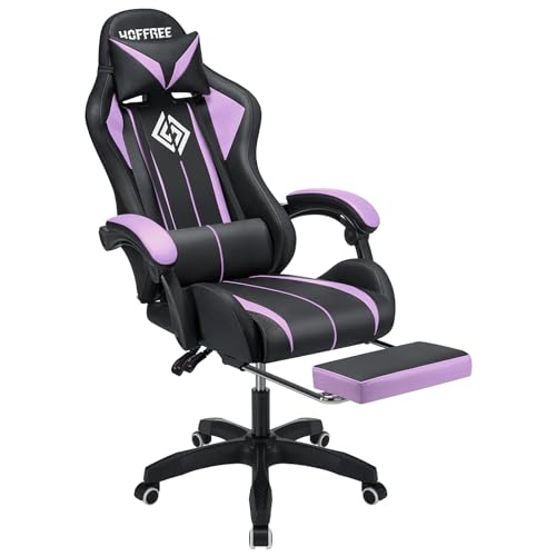 HOFFREE RGB Gaming Chair with Speakers Massage Computer Gaming Chair with LED Lights and Footrest High Back Video Game Chair for Adults Blue and Black