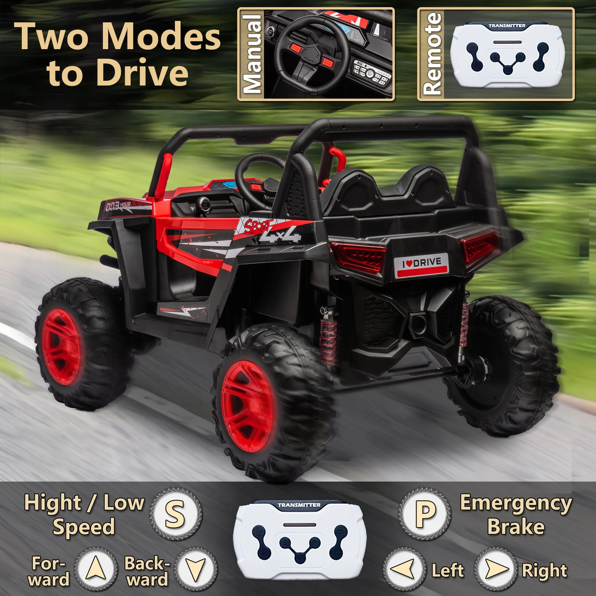 24V 2 Seater Ride on Car for Kids, 4 Wheel Drive Truck with Leather Seat and Remote Control, 24V Battery Powered Off-Road UTV Toy with LED Lights