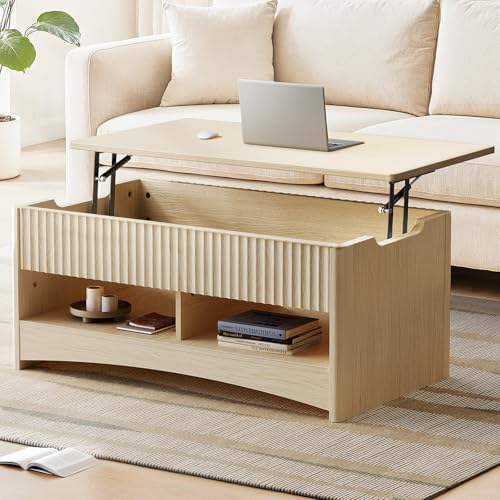 Marsail Lift Top Coffee Table with Open & Hidden Storage, Modern Fluted Coffee Table with Smooth Lift Mechanism