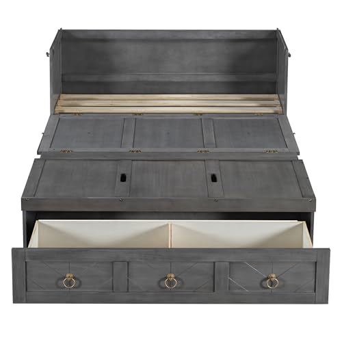 Harper & Bright Designs Full Size Murphy Bed Wall Bed, Solid Pine Murphy Bed Chest Cube Cabinet Bed with USB