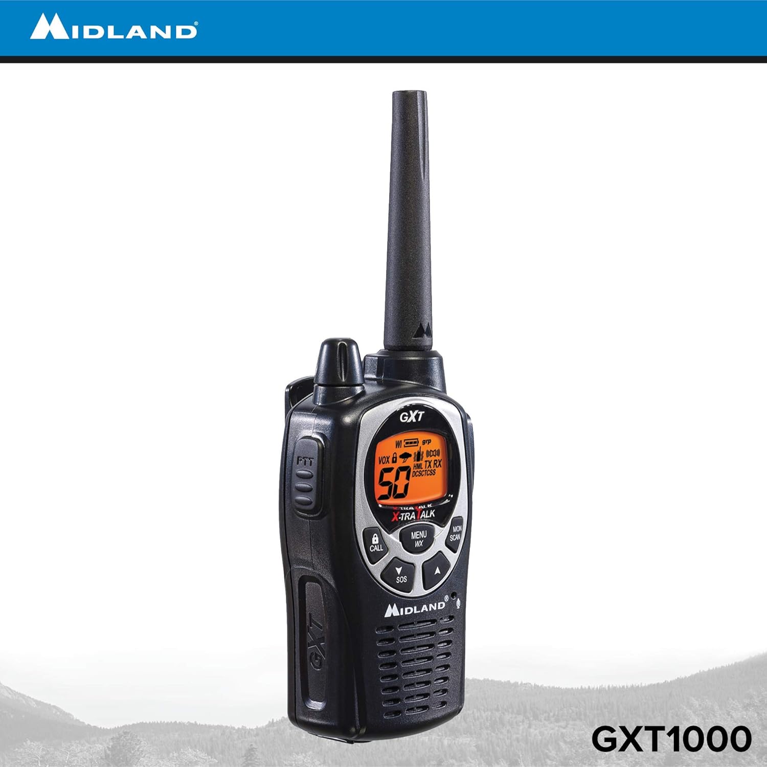 Midland GXT1000 GMRS Walkie Talkie - Long Range Two Way Radio with NOAA Weather Scan + Alert, 50 Channels, and 142 Privacy Codes (Black/Silver