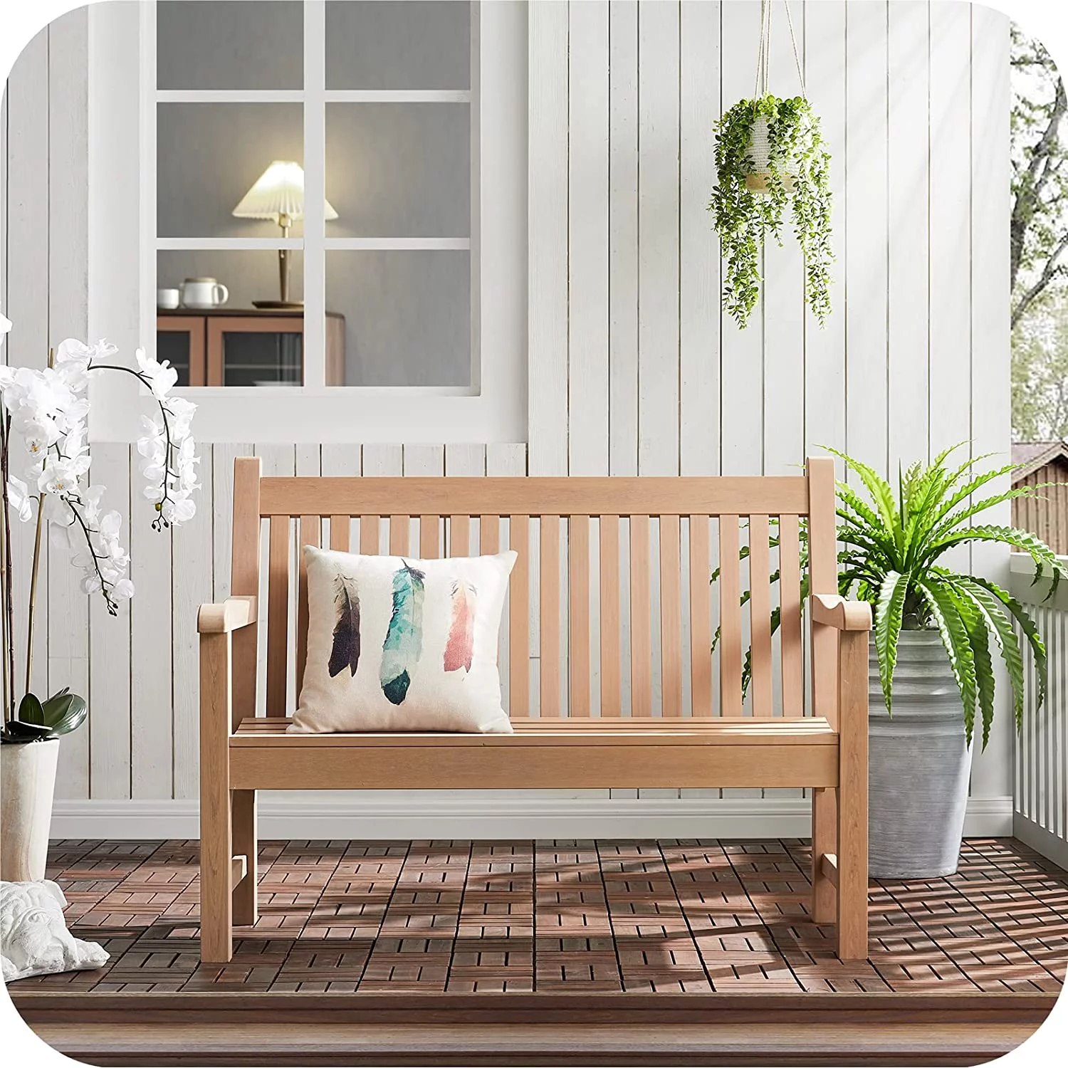 Efurden Garden Bench, 2-Person All-Weather Poly Lumber Outdoor Bench for Garden Porch and Park (Teak Color)