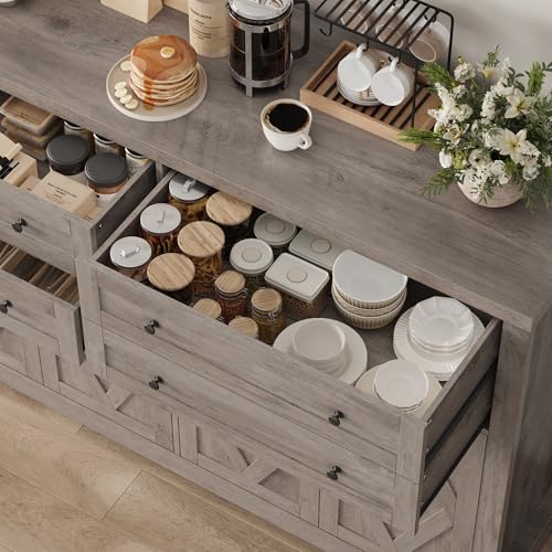 HOSTACK 55" Coffee Bar with 4 Large Drawers, 40" Tall Buffet Cabinet with Storage, Kitchen Storage Cabinet, Modern Farmhouse Sideboard Buffet