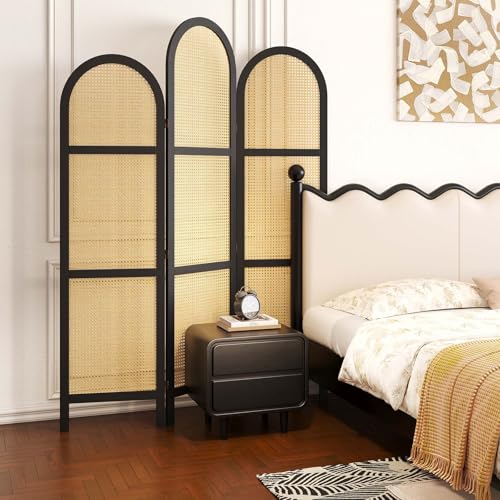 Room Divider and Folding Privacy Screens, Pine Wood 5.6 Ft Double Hinged Rattan Partition Freestanding Wall Room Divider for Home - 3 Panels