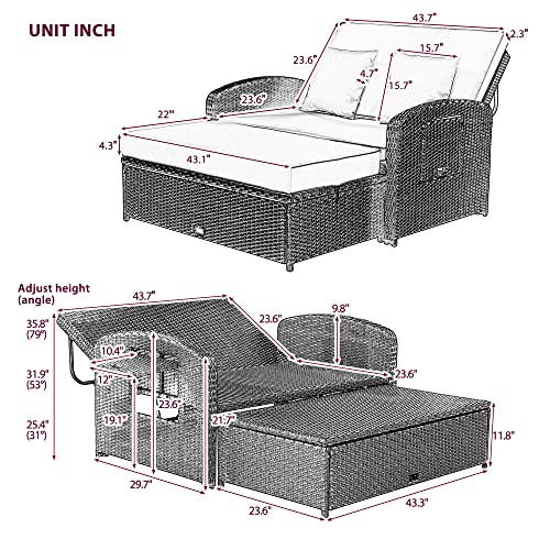 Outdoor Rattan Double Chaise Lounge with Adjustable Back and Cushions, 2-Person Reclining Daybed with Cup Trays