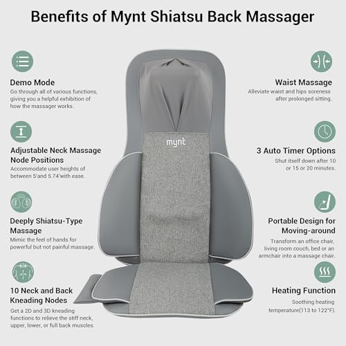 Mynt FSA HSA Eligible 3D Shiatsu Neck and Back Massager for Chair with 10 Deep Kneading Nodes, Back Massage with Heat