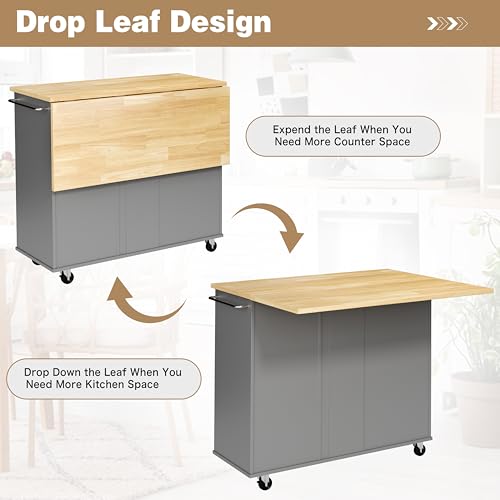 Shintenchi Rolling Kitchen Island Cart with Folding Drop Leaf Breakfast Bar, Portable Trolley Island with Large Storage Cabinet, Shelf and Drawer