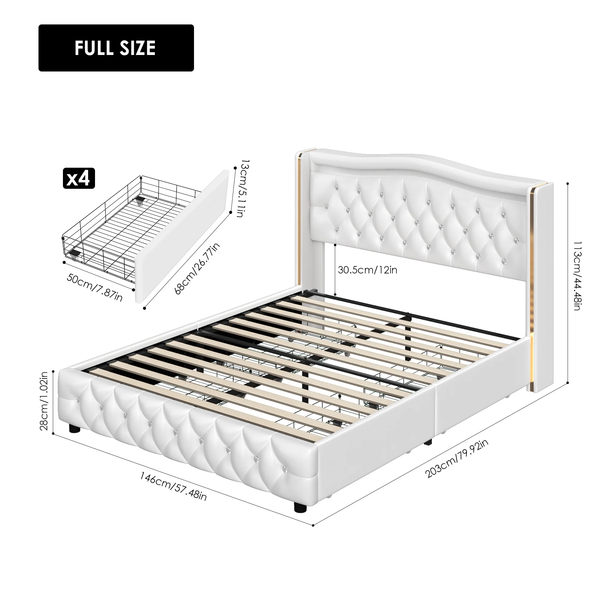 Homfa Full Size LED Bed Frame with 4 Storage Drawers, PU Leather Upholstered Platform Bed with Crystal Buttons Headboard, White