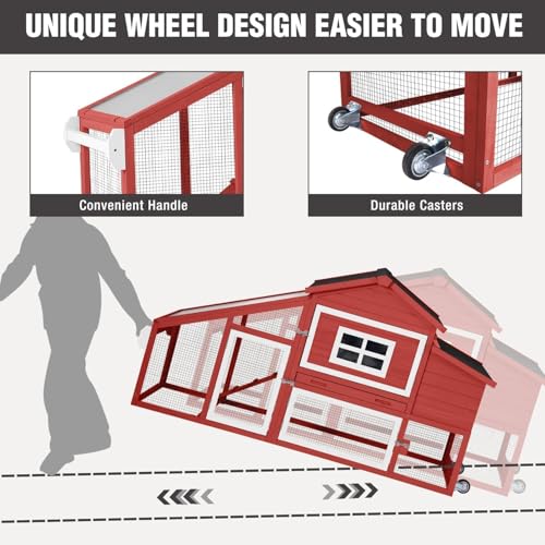 Chicken Coop with Wheels, Mobile Outdoor Chicken House with Leakproof Pull-on Tray, Nesting Box, Waterproof Roof - Red