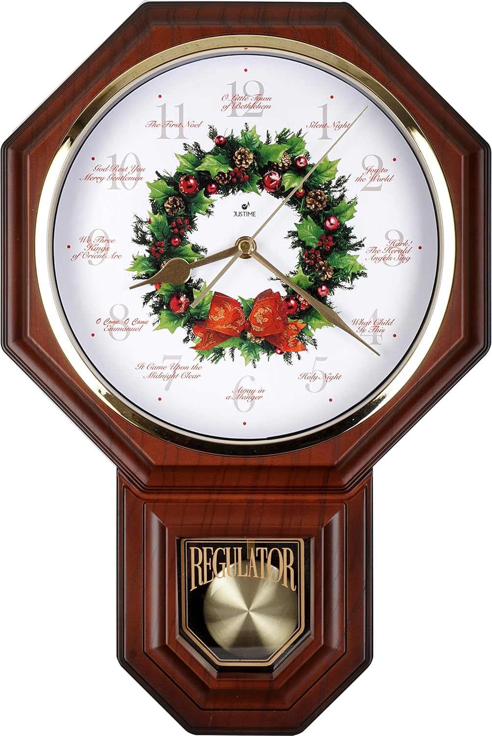 JUSTIME Special Edition Schoolhouse 12 Song of Carols of Christmas Wreath Melody Plastic Wall Clock, Made in Taiwan (TCXM0258-R Red Mahogany)