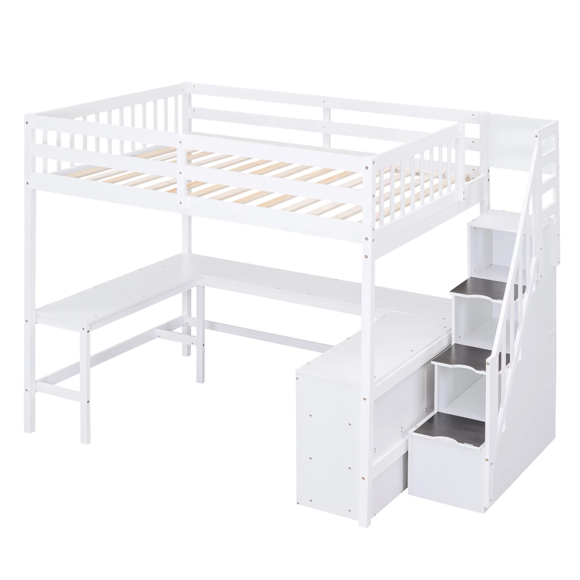 EUROCO Wood Full Size Loft Bed with Desk, Shelf and Storage Staircase for Kids Teens Adults, Built-in Desk with Bookscase for Working Station