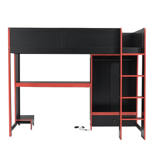 Modern Full Size Gaming Loft Bed with Built-in Desk and Storage Wardrobe, Wood Loft Bed Frame with Light Strip and 2 Drawers