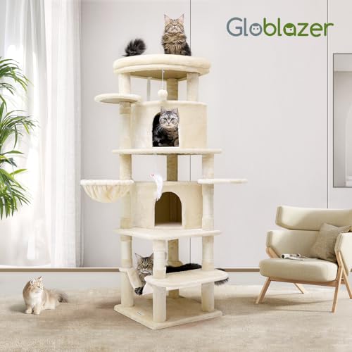 Globlazer Corner Cat Tree for Large Cats, 66inch Tall Curved Series Large Cat Tower for Multiple Indoor Cats with 6 Scratching Posts