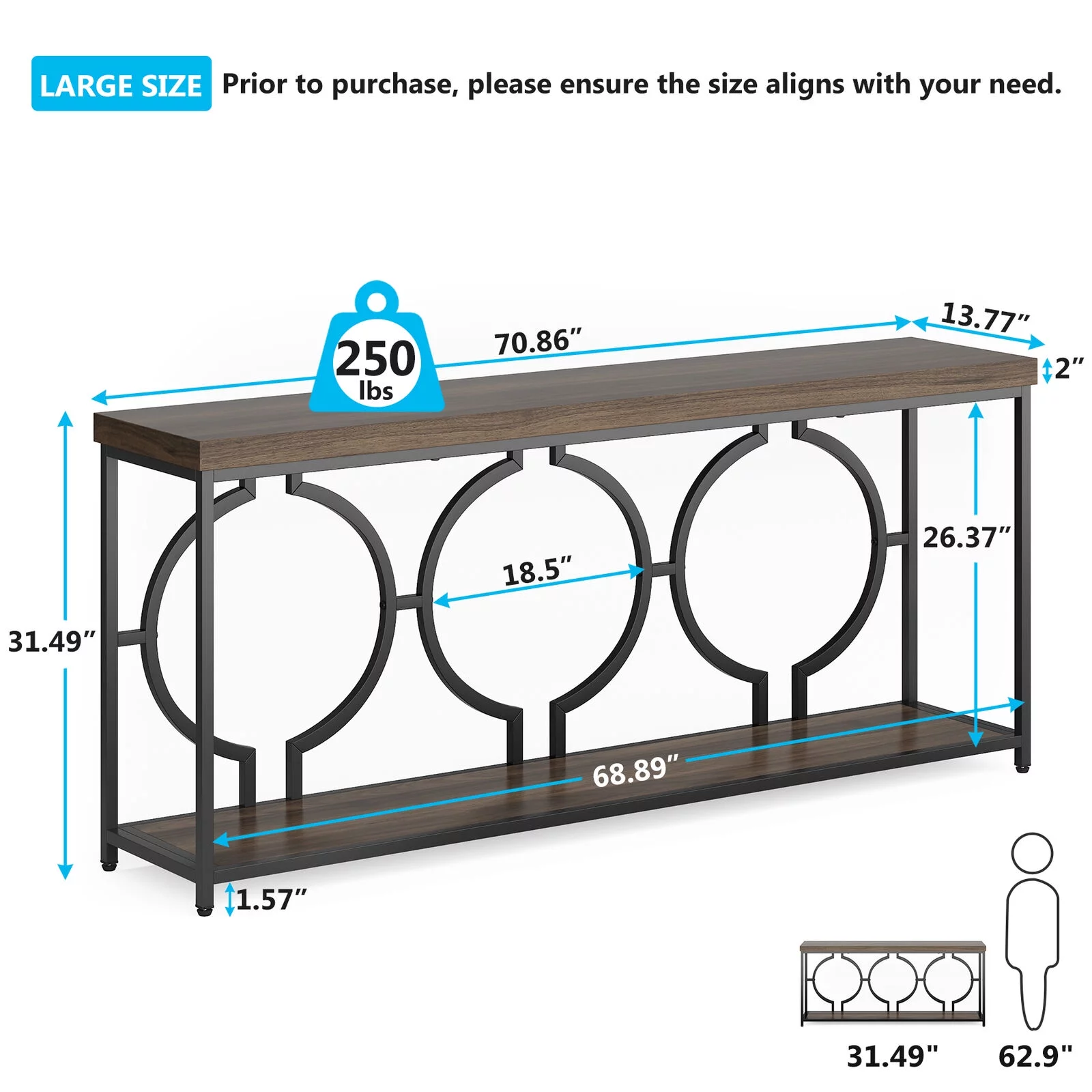 Tribesigns 70.9" Extra Long Console Table, Behind Sofa Couch, 2 Tier Entryway Table for Living Room Hallway, Rustic Brown & Black