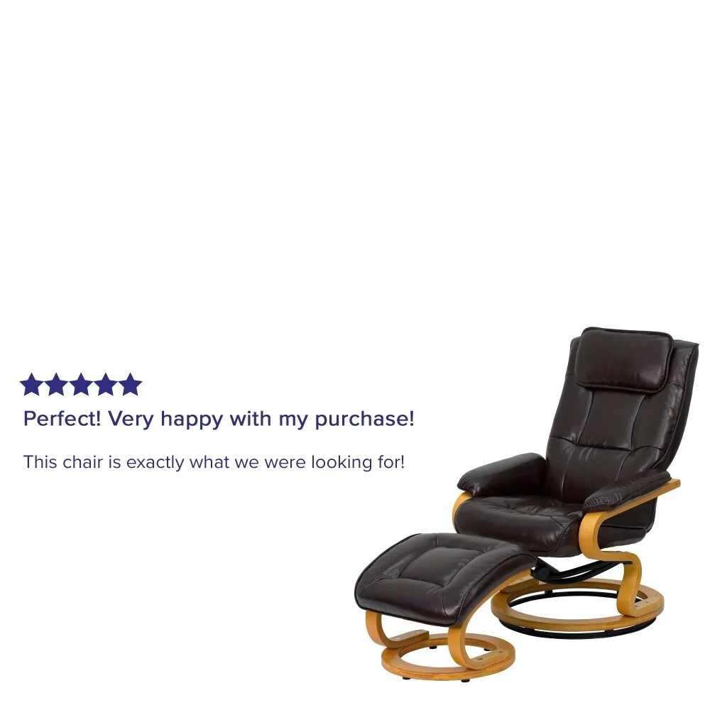 Flash Furniture Contemporary Multi-Position Recliner and Ottoman with Swivel Maple Wood Base Brown Pushback Recline