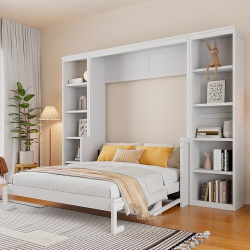 White Murphy Wall Bed Queen Size with Desk & Bookcase,Space-Saving Design,No Box Spring Needed