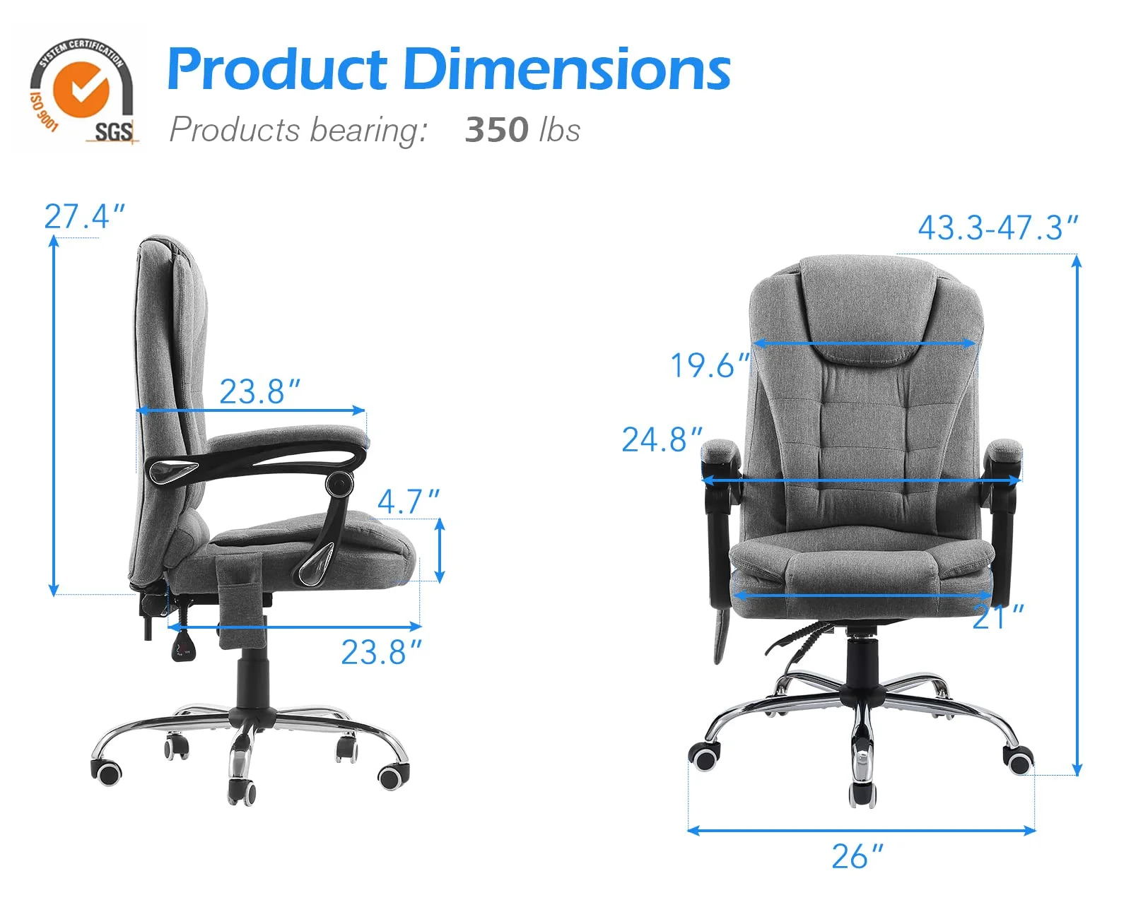 YODOLLA 7 Points Massage Office Chair with Heat Ergonomic Reclining Computer Chair High Back Desk Chair Ergonomic Fabric Office Chair, Grey