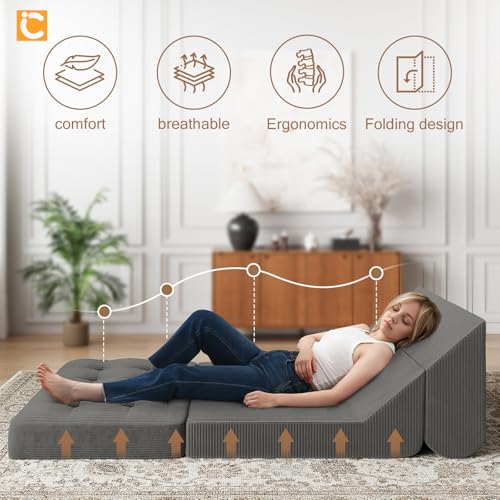 COMAX Folding Sofa Bed, Convertible Chair Bed Corduroy 3-in-1 Foldable Floor Couch with High-Density Foam, Futon Sofa Sleeper Mattress