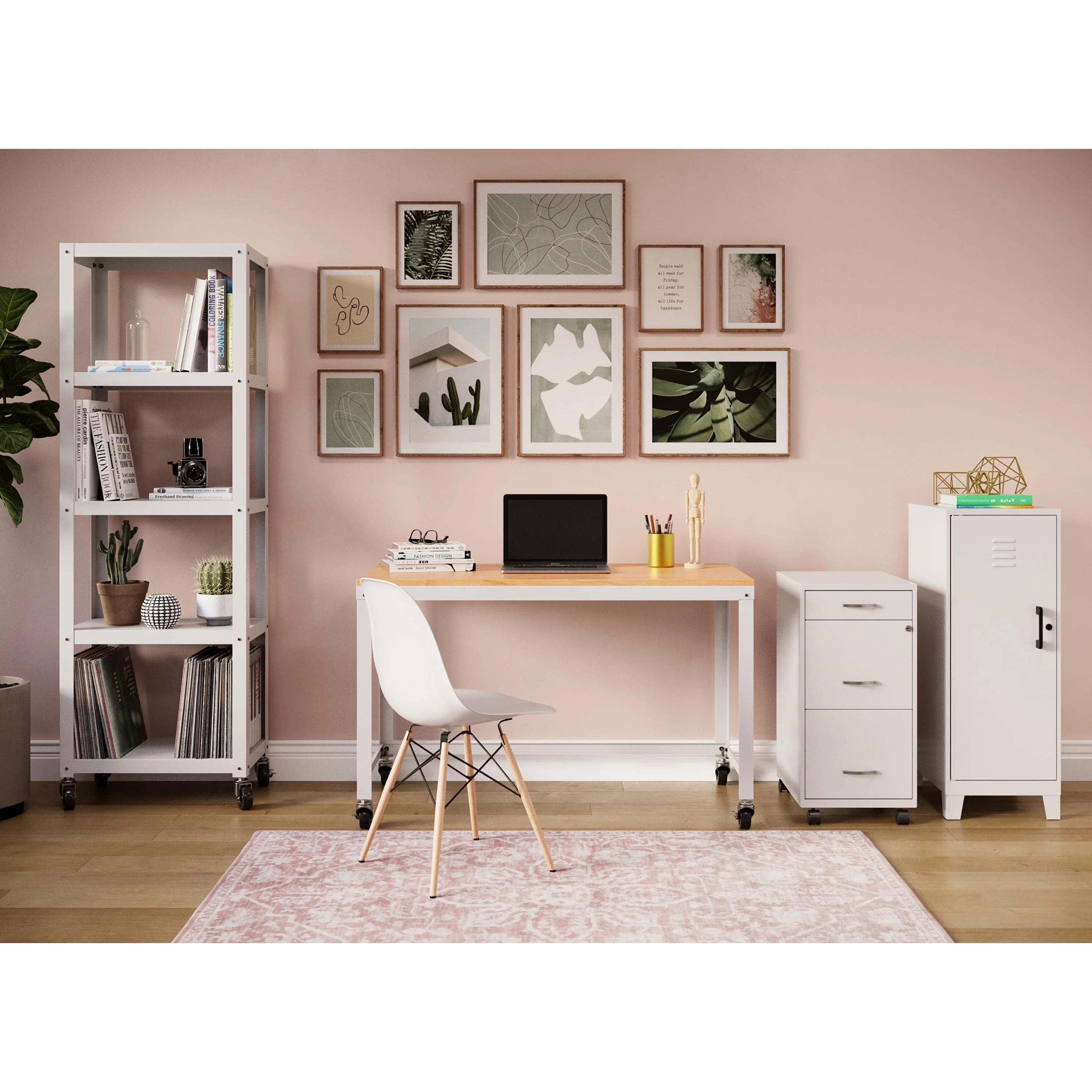 Space Solutions Ready-to-assemble 48-inch Wide Mobile Metal Desk with Laminate Top, White/Maple - Radiant Selections
