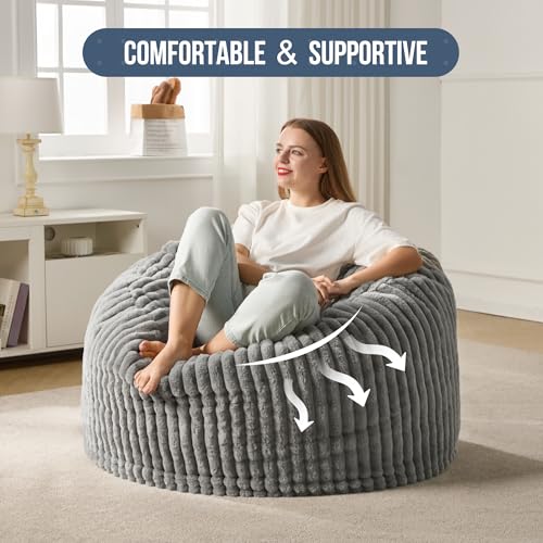 Hobestluk 5ft Bean Bag Chairs for Adults Large Beanbag Chair with Stripe Plush Cover Big Bean Bag Chair for Living Room Bedroom Dorm Office -Black