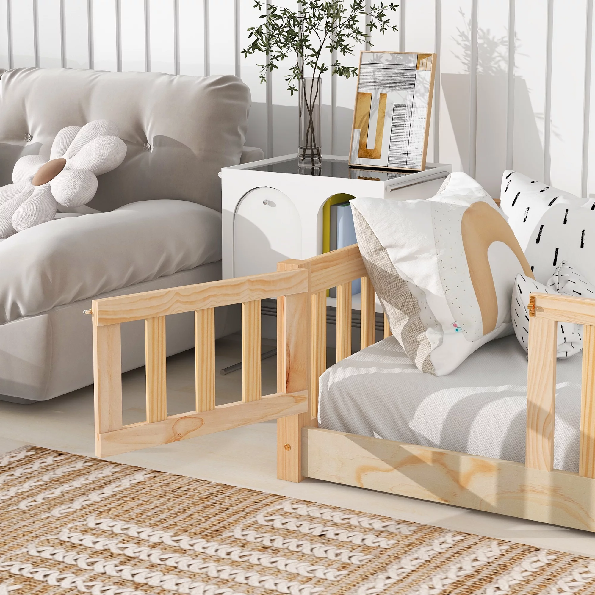 PAPROOS Twin Floor Bed Frame for Toddler, Wood Platform Bed with Wooden Slats, Fence and Door