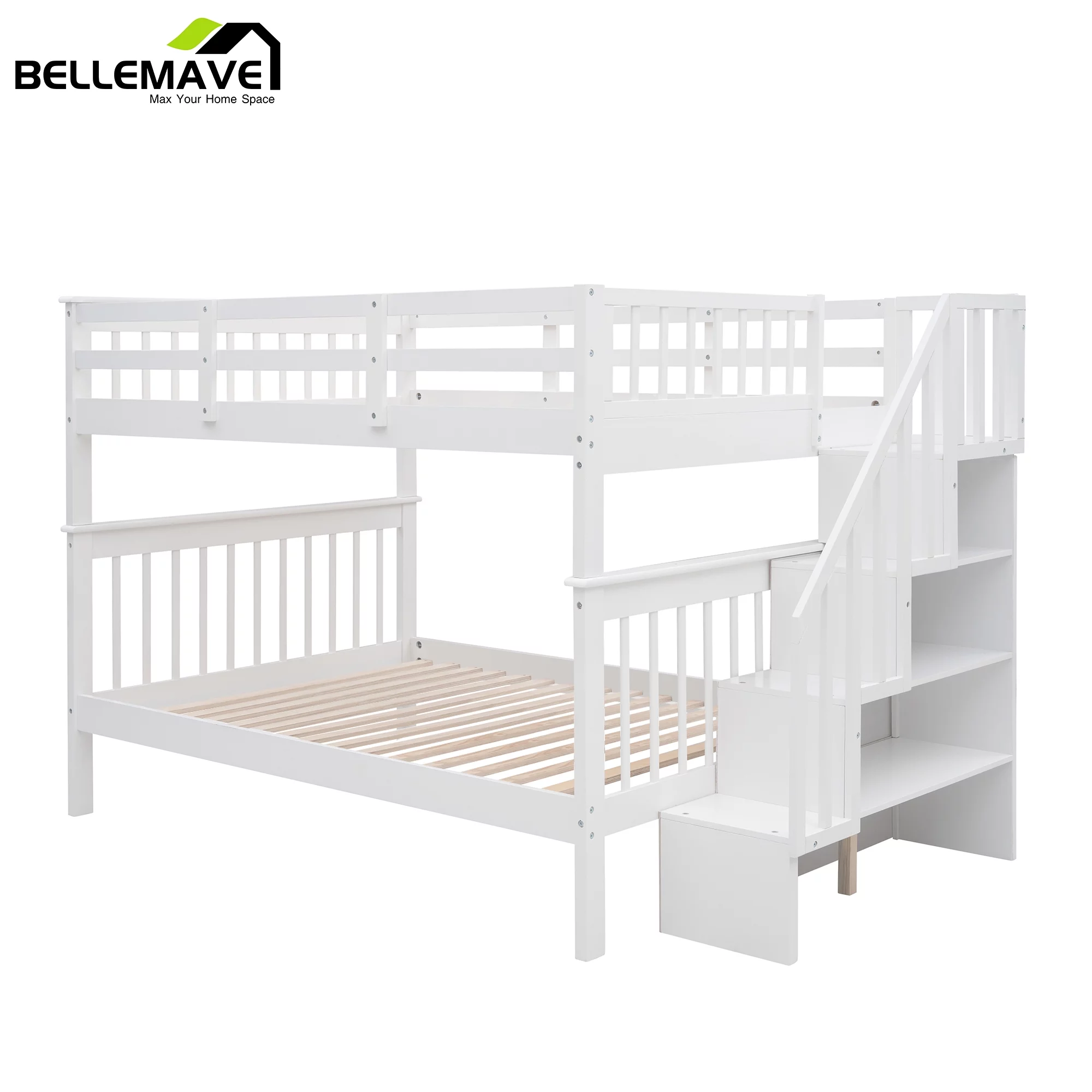 BELLEMAVE Full over Full Bunk Beds for Kids, Kids Bunk Beds with Storage Stairs and Full-Length Guardrail, Convertible Into 2 Bed